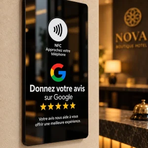 Plaque NFC Donnez votre avis sur Google en acrylique noir fixée au mur de l'accueil d'un hôtel
